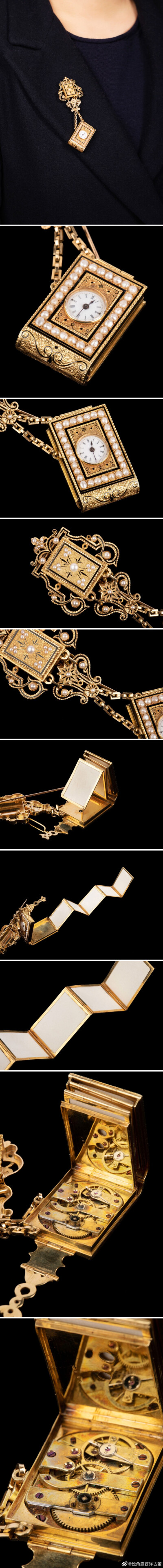 19世纪中期法国出品28k金镶嵌天然珍珠黑色珐琅修饰书本造型腰链式怀表