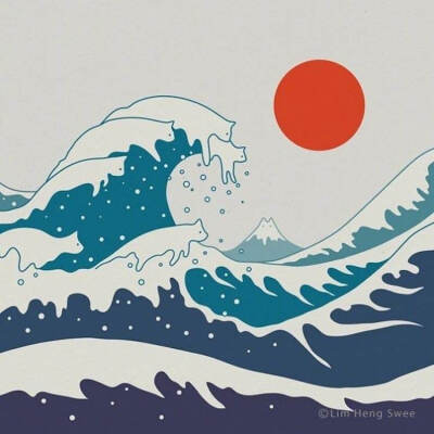 【插画设计】插画师 Lim Heng Swee 以葛饰北斋《富岳三十六景》为灵感来源，创作了一组猫咪主题的极简插画 | www.ilovedoodle.com