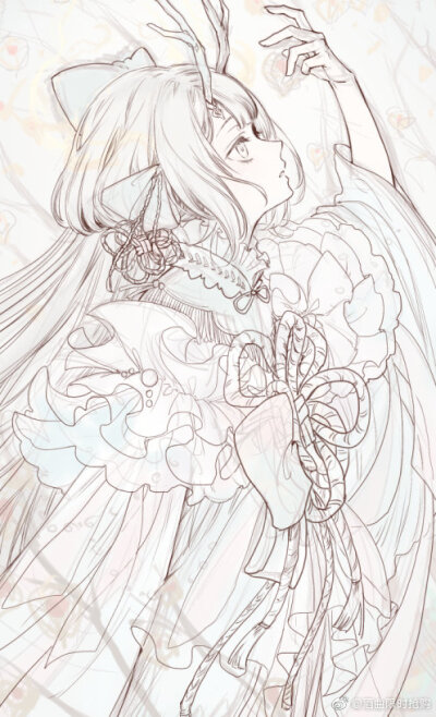 和风女孩线稿，侧脸