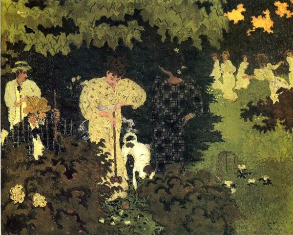 法国的流派画家 后印象派 爱德华·沃拉德（Edouard Vuillard）既是学校，又是壁画家和石版画家，以其独特而精致的内饰而闻名 体裁画 ，以一种称为“ 亲密主义 （ Intimisme ）”的风格执行，他与艺术家团体的联系为 纳比斯 ，两者都在1890年代盛行。 Vuillard私密的室内设计灵感来自他与母亲在巴黎的一系列公寓中度过的60年，看着她做裁缝。 他的 私密 纺织品或马赛克风格的 后印象派绘画 源自她的服装面料的图案和颜色。 尽管他的后期作品从未超过他1890年代照片的原创性，但他仍然是其中一位 最佳流派画家 在 现代艺术 。