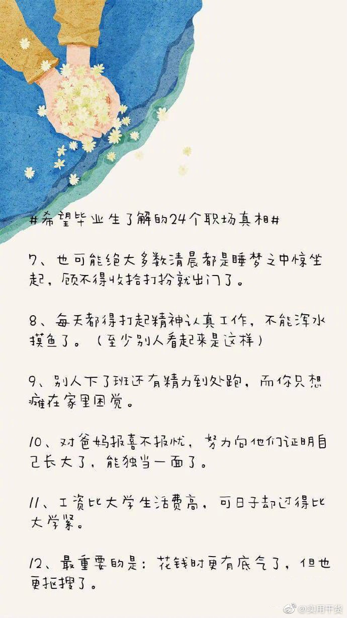 【希望毕业生了解的24个职场真相】从一个学生转变为一个职场人，是个艰难而缓慢的过程。刚开始，你总会有些措手不及。但是放心，一段时间后，所有的事情都会慢慢进入正轨，你也会慢慢变得得心应手。 ​​​