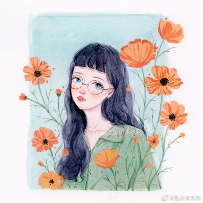 女孩与鲜花，作者:鱼小沫水彩，来自微博