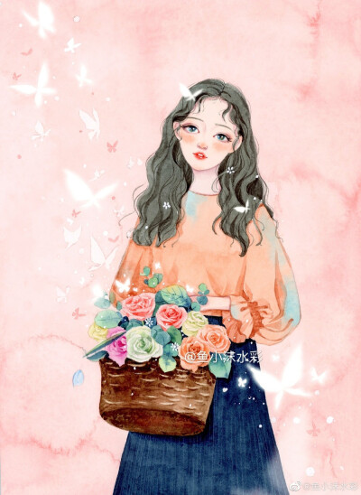 女孩与鲜花，作者:鱼小沫水彩，来自微博