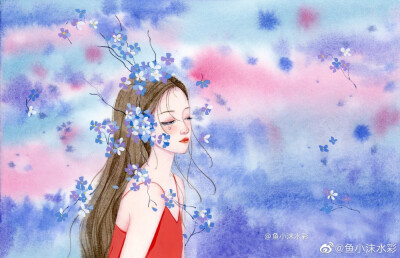 女孩与鲜花，作者:鱼小沫水彩，来自微博