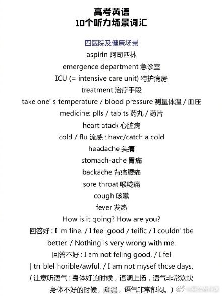 #高考确认延期一个月#，备战高考的同学们又有一个月时间加油冲刺啦，高考英语10个听力场景词汇~建议收藏起来慢慢看！[加油]