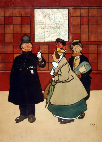 ■ 伦敦地铁第一张委托设计师设计的现代平面海报是1908年 John Hassall 设计的 No need to ask a p'liceman，搭乘地铁就能便捷地到达任何地方，不再需要向警察叔叔问路了