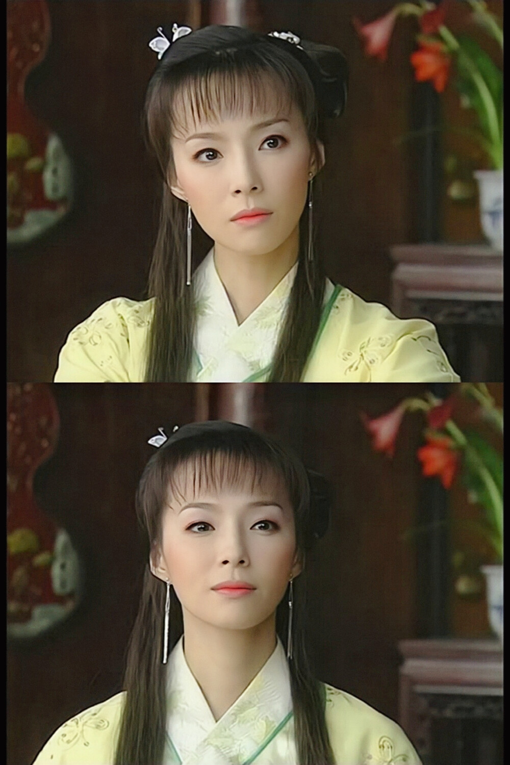 淡黄的长裙，蓬松的头发。