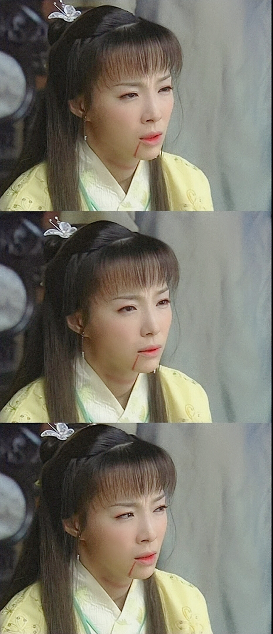 淡黄的长裙，蓬松的头发。