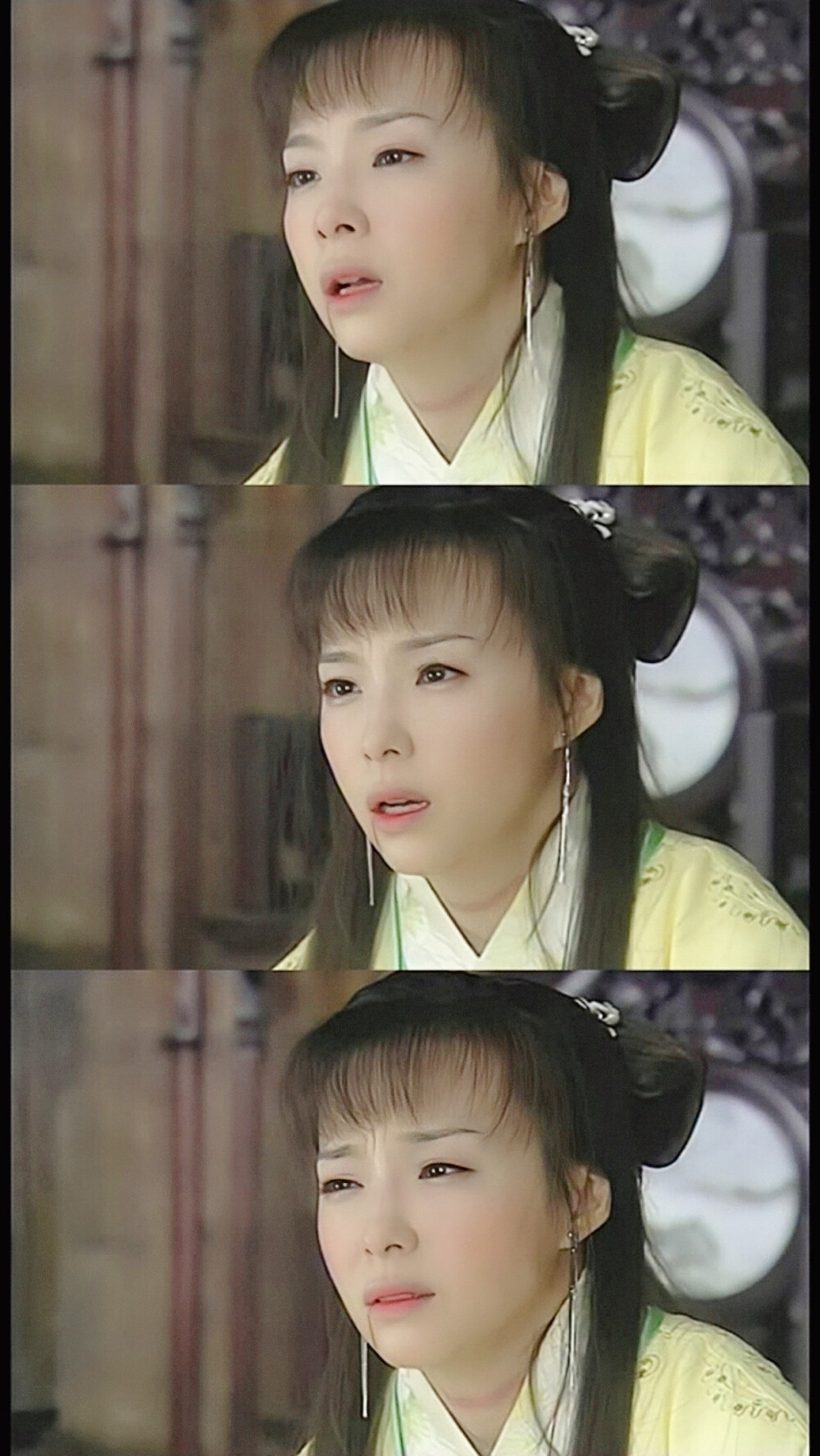 淡黄的长裙，蓬松的头发。