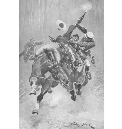 《好朋友》的插图（1918 年），《丛林骑兵的最后一战》（The Bushranger's Last Fight），由插画师 Stanley L. Wood 创作