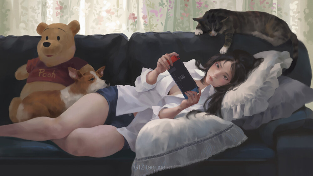 Girl, Cat, Corgi, Nintendo Switch