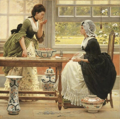 George Dunlop Leslie（1835-1921)， 1835年7月2日出生于英国伦敦。英国风俗画家查尔斯·罗伯特·莱斯利Charles Robert Leslie的儿子。曾在卡里艺术学院，皇家学院学习。那些层层叠叠的欧洲早期的服饰，很是华丽。他基…