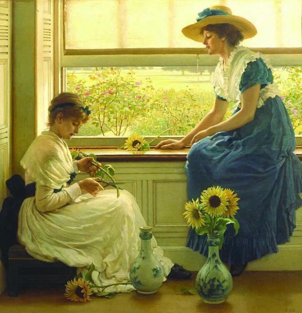 George Dunlop Leslie（1835-1921)， 1835年7月2日出生于英国伦敦。英国风俗画家查尔斯·罗伯特·莱斯利Charles Robert Leslie的儿子。曾在卡里艺术学院，皇家学院学习。那些层层叠叠的欧洲早期的服饰，很是华丽。他基本描绘了女子各个阶段时的样子，色彩也很是轻柔美丽。 