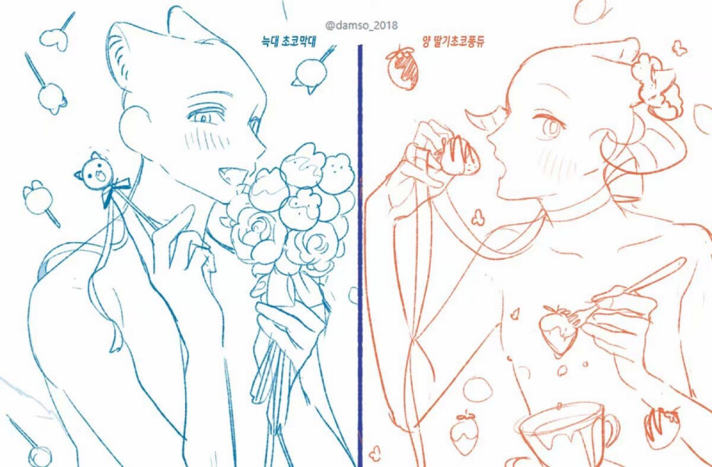 情侣间亲密互动的绘画素材
twi: damso_2018 