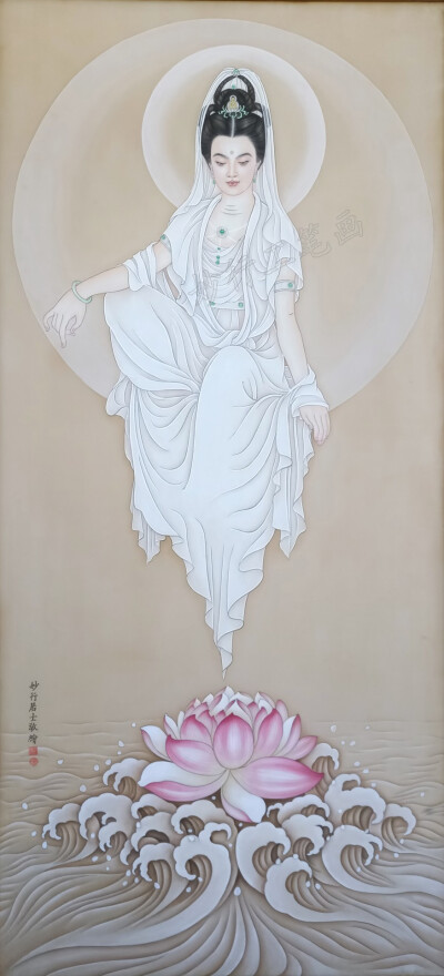 手绘国画工笔画观音，妙行居士作品