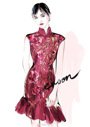 #jjseason插画# -----  古典优雅旗袍@唐嫣   #插画明星搭配# ​​​​