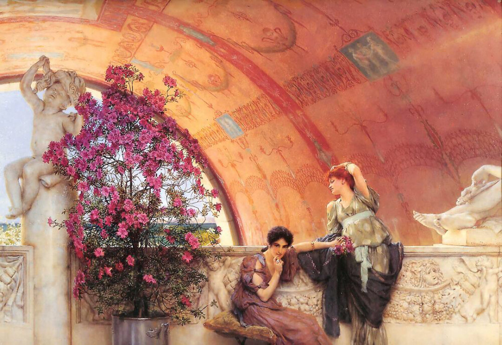 劳伦斯·阿尔玛·塔德玛（Lawrence Alma-Tadema, 1836—1912年）是英国维多利亚时代的知名画家，他的作品以豪华描绘古代世界（中世纪前）而闻名。
在阿尔玛的作品中，人们能从那各怀心事的男女身上，从幻想爱情独守空闺的怨女身上，从远行的稚嫩小女孩身上，从窃窃私语的闺中密友身上，从那些守望碧海的妇女身上，更是从那些有着隽永的文化气质却包裹在清远而愁琐的外表下的女子身上……欣然地接受一种以古代为底本的现代抒怀，思索着维多利亚时代所流行的观念与气韵。
维多利亚时代的画家很少有象阿尔玛那样能够出色地运用色彩并营造出特殊的感官刺激。尤其是他的用色方法，直接启迪了后来的装饰派画家们。他从不在画布上的暗处涂布光油或是光漆以造成高光，而是在底色上打上暗色加以区分。从他的一系列创作中，我们惊异于那充满光洁的大理石、丰盈的玉体、柔软的羽毛所表现出来的超常质感。