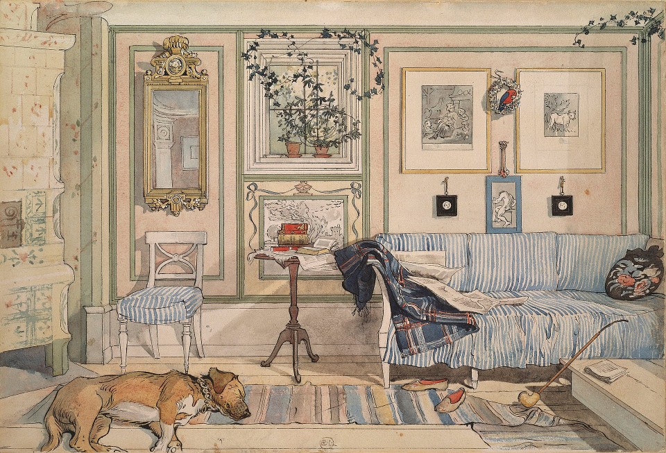 瑞典著名画家卡尔·拉森(Carl Larsson，1853―1919) 与雕塑家米列斯（C．MlLLES）、画家安·左思（A．ZORN）是瑞典美术史上对世界贡献最大的三位艺术家。拉森1853年出生在斯德哥尔摩，13岁获得奖学金，进入斯德哥尔摩美术学院学习，曾经在巴黎发展，但是不太成功。拉森的后半生很有意思，他和妻子卡瑞琳 (Karin) 回到瑞典中部乡村小镇桑德波恩，按自己的趣味设计住房，然后生了8个小孩。他画的都是家庭生活趣事，一本又一本。他使用大量的透明水彩，这些作品可能是瑞典最早的水彩插画作品之一。他与妻子与8个孩子的生活都成了画作中的人物、情景，画中温馨的家庭气氛让拉森的水彩画作开始受到全世界观者的喜爱。