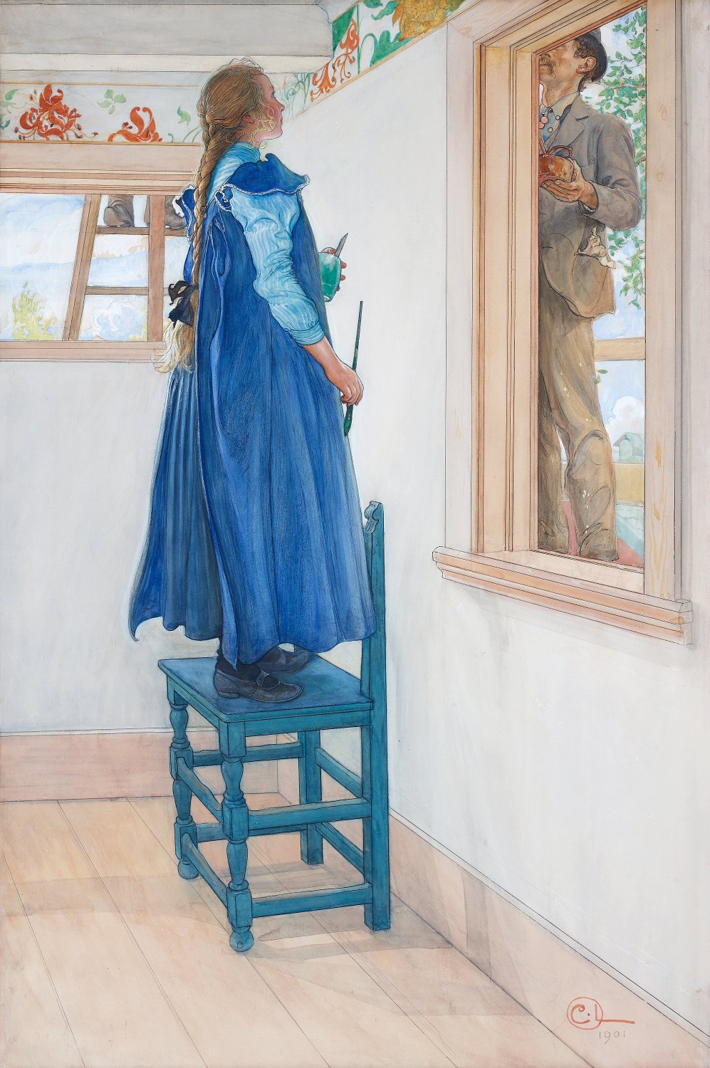 瑞典著名画家卡尔·拉森(Carl Larsson，1853―1919) 与雕塑家米列斯（C．MlLLES）、画家安·左思（A．ZORN）是瑞典美术史上对世界贡献最大的三位艺术家。拉森1853年出生在斯德哥尔摩，13岁获得奖学金，进入斯德哥尔摩美术学院学习，曾经在巴黎发展，但是不太成功。拉森的后半生很有意思，他和妻子卡瑞琳 (Karin) 回到瑞典中部乡村小镇桑德波恩，按自己的趣味设计住房，然后生了8个小孩。他画的都是家庭生活趣事，一本又一本。他使用大量的透明水彩，这些作品可能是瑞典最早的水彩插画作品之一。他与妻子与8个孩子的生活都成了画作中的人物、情景，画中温馨的家庭气氛让拉森的水彩画作开始受到全世界观者的喜爱。