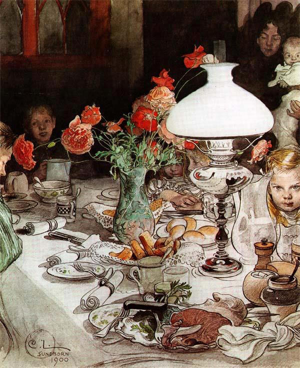 瑞典著名画家卡尔·拉森(Carl Larsson，1853―1919) 与雕塑家米列斯（C．MlLLES）、画家安·左思（A．ZORN）是瑞典美术史上对世界贡献最大的三位艺术家。拉森1853年出生在斯德哥尔摩，13岁获得奖学金，进入斯德哥尔摩美术学院学习，曾经在巴黎发展，但是不太成功。拉森的后半生很有意思，他和妻子卡瑞琳 (Karin) 回到瑞典中部乡村小镇桑德波恩，按自己的趣味设计住房，然后生了8个小孩。他画的都是家庭生活趣事，一本又一本。他使用大量的透明水彩，这些作品可能是瑞典最早的水彩插画作品之一。他与妻子与8个孩子的生活都成了画作中的人物、情景，画中温馨的家庭气氛让拉森的水彩画作开始受到全世界观者的喜爱。