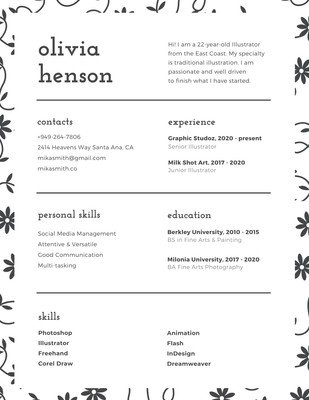 Black and White Floral Pattern Infographic Resume