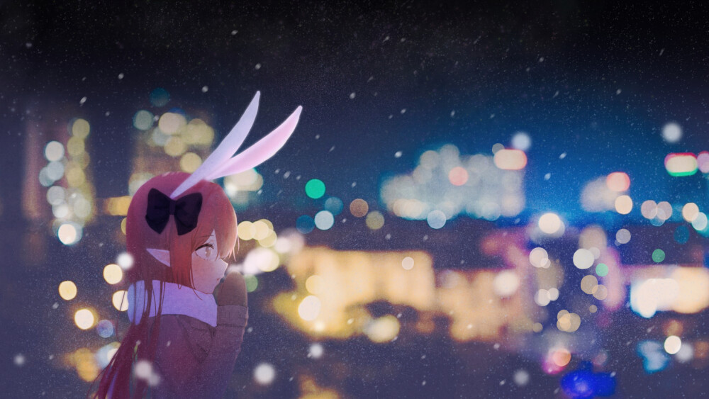 兔耳朵，夜景，红色眼睛，游戏海报，黑白动漫图片