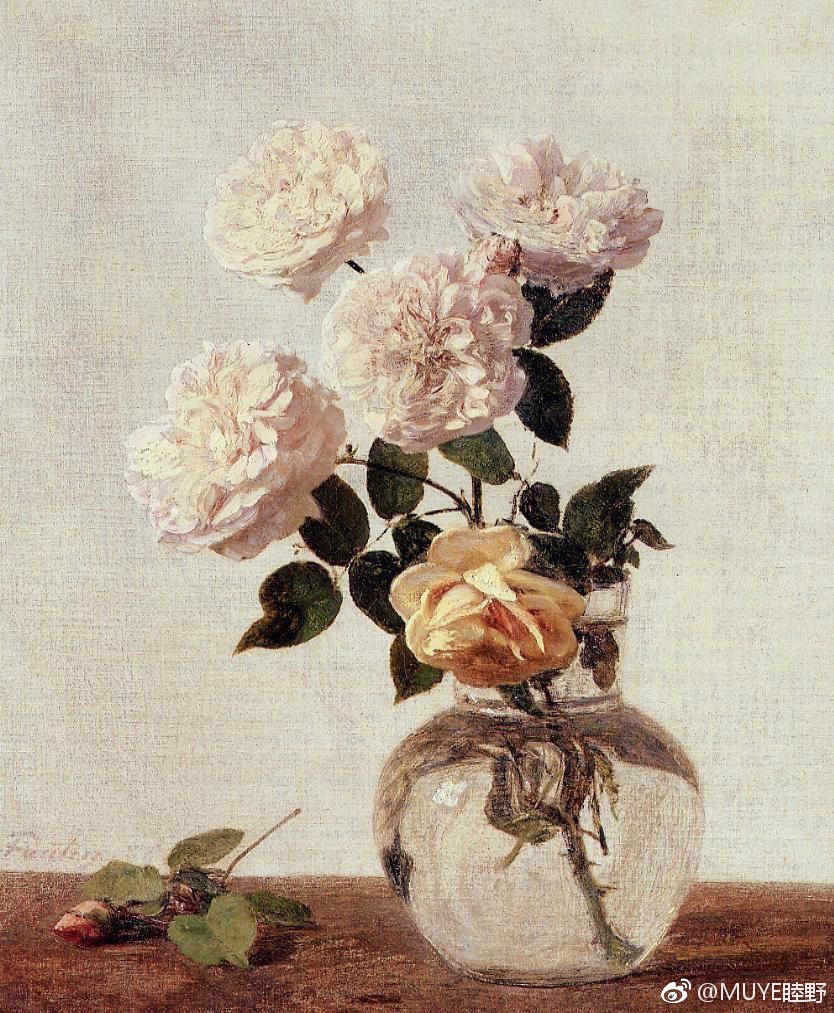 Henri Fantin Latour (1836 – 1904) 的花卉。
肖像画家、版画家和插图画家，1836年生于法国格勒诺布尔市。他只在巴黎美术学校学习了一年，之后就在卢浮宫里靠临摹大师们的作品为生。一般认为方丹-拉图尔是浪漫主义与印象主义之间的过渡性人物。