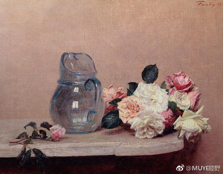 Henri Fantin Latour (1836 – 1904) 的花卉。
肖像画家、版画家和插图画家，1836年生于法国格勒诺布尔市。他只在巴黎美术学校学习了一年，之后就在卢浮宫里靠临摹大师们的作品为生。一般认为方丹-拉图尔是浪漫主义与印象主义之间的过渡性人物。