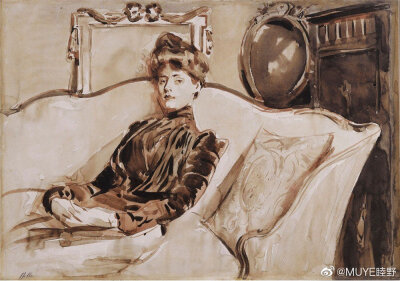 法国画家，铜版画蚀刻和设计师Paul César Helleu (1859–1927)画，他所创作的肖像人物，女性多为巴黎当红名妓Liana de Puzhi的肖像，而一个留着长长红头发的女人则是画家的妻子。 ​​