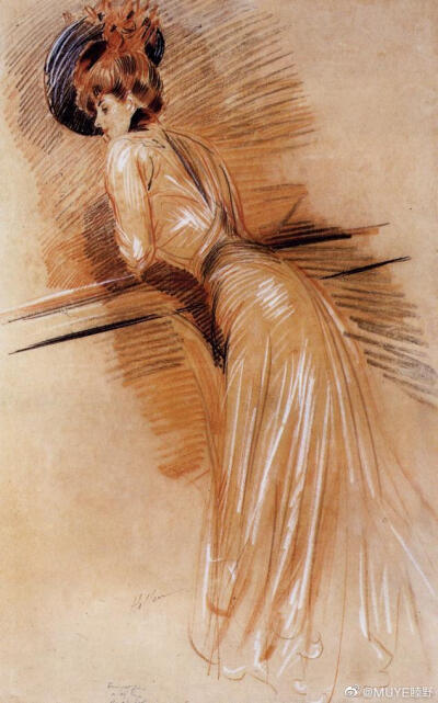 法国画家，铜版画蚀刻和设计师Paul César Helleu (1859–1927)画，他所创作的肖像人物，女性多为巴黎当红名妓Liana de Puzhi的肖像，而一个留着长长红头发的女人则是画家的妻子。 ​​