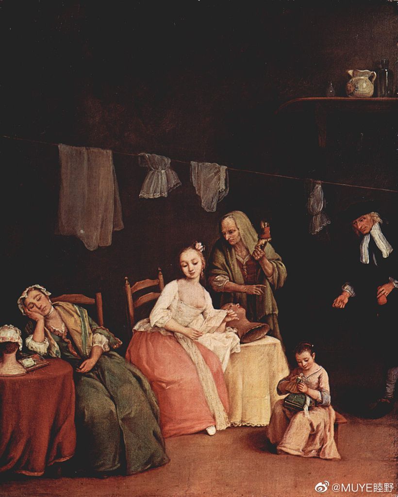 威尼斯风俗画家Pietro Longhi（1701-1785）善于用讽刺幽默的戏剧效果生动记录普通大众的日常生活，笔下人物通常如同洋娃娃般身材矮小。 ​​​