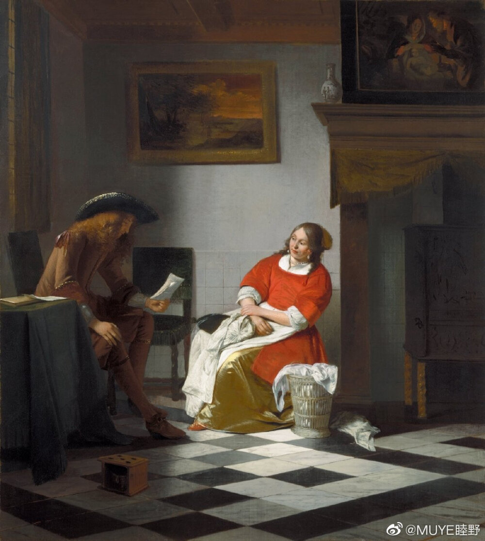 十七世纪荷兰风俗画家Pieter de Hooch（1629-1684）擅长用温暖的色调描绘人们的日常生活，其笔下的人物多半是朋友、家人和女仆，后来则转而描绘中产阶级生活。 ​​​