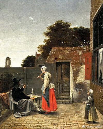 十七世纪荷兰风俗画家Pieter de Hooch（1629-1684）擅长用温暖的色调描绘人们的日常生活，其笔下的人物多半是朋友、家人和女仆，后来则转而描绘中产阶级生活。 ​​​