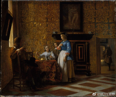 十七世纪荷兰风俗画家Pieter de Hooch（1629-1684）擅长用温暖的色调描绘人们的日常生活，其笔下的人物多半是朋友、家人和女仆，后来则转而描绘中产阶级生活。 ​​​