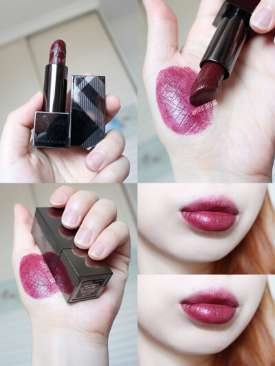 BURBERRY#53唇膏版，晶莹紫水晶
BURBERRY KISSES系列OXBLOOD
No.97也是一枚牛血色
也是偏紫调的，膏体很润
涂上去有很高级的光泽感，上嘴没有膏体颜色那么深
很顺滑很好涂，薄涂挺cute的
厚涂就是秋冬穿个大衣系…