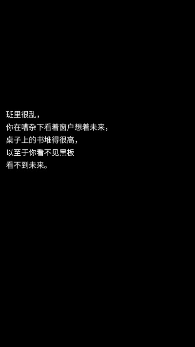 班里很乱，
你在嘈杂下看着窗户想着未来，
桌子上的书堆得很高，
以至于你看不见黑板
看不到未来。