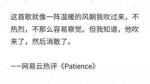 这首歌就像一阵温暖的风朝我吹过来，不热烈，不那么容易察觉。但我知道，他吹来了，然后消散了。

——网易云热评《Patience》