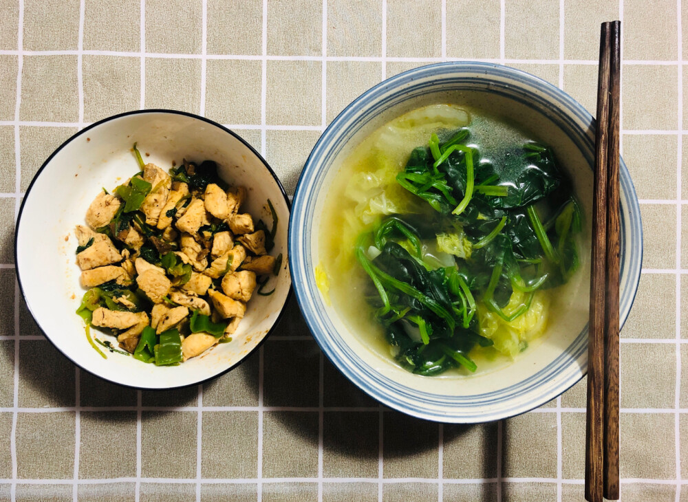 午餐 香菜炒鸡胸肉+水煮蔬菜