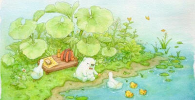 水彩画出软软萌萌的温馨小白熊一家，怎么会这么可爱 插画师 ちっぷ 小美好~特别治愈哇