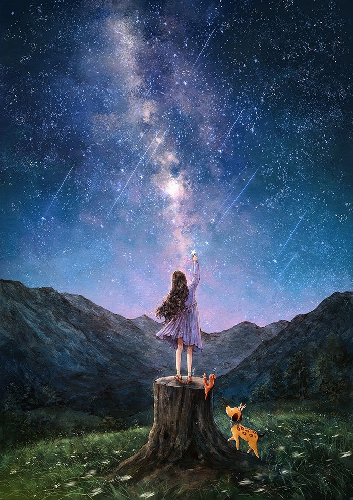 星雨的夜晚，站在高处，看流星划过夜空，举手向天，许下美好的星愿 ~ 来自韩国插画家Aeppol 的「森林女孩日记-2020」系列插画。