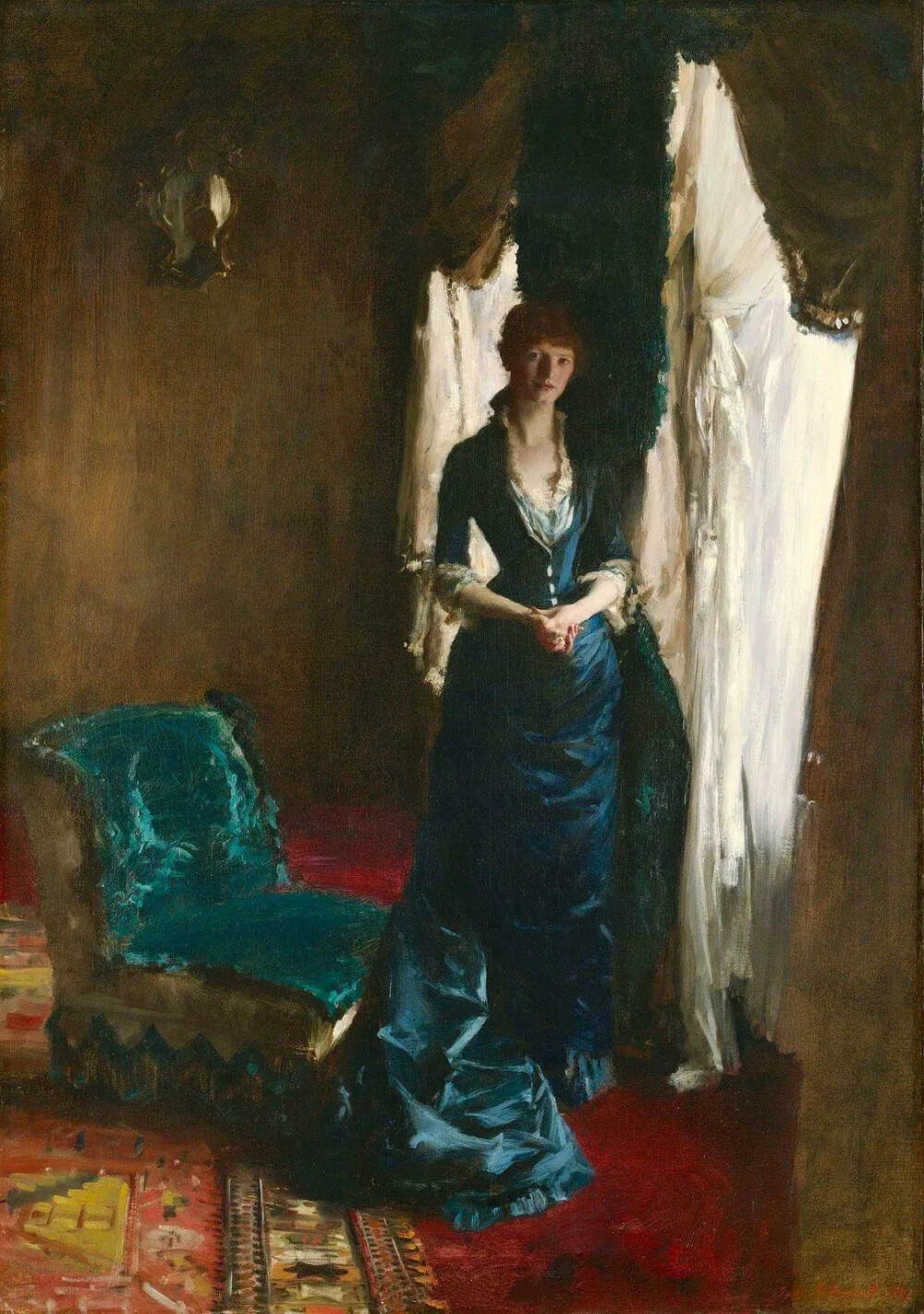 约翰·辛格·萨金特 John Singer Sargent（1856—1925）美国画家。生于意大利佛罗伦萨。1874年迁往巴黎，向著名人像画家卡罗勒斯·杜兰学画，1876年后受到了马奈、莫奈等外光派画师的影响。1876年回到祖国美国并加入美国籍。1877年参加巴黎沙龙展一举成名。1884年沙龙展画作《高特鲁夫人》引起流言，随后迁居伦敦。1897年，正式成为皇家美术学院的会员。多为上层人士作肖像画，其作品声誉渐高。1910年后热衷于创作风景画和装饰壁画。1890～1916年为波士顿公共图书馆和波士顿美术馆作壁画。