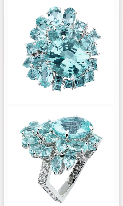 Dior 在2019年新高级珠宝系列——「Gem Dior」中推出这枚 Bleu Cyan Paraiba 戒指，以「帕拉伊巴碧玺」的瑰丽色彩为主题。整个戒面共由超过20颗不同琢形的帕拉伊巴碧玺拼嵌而成，展现绚丽的湖蓝色，戒指名称中的「Bl…