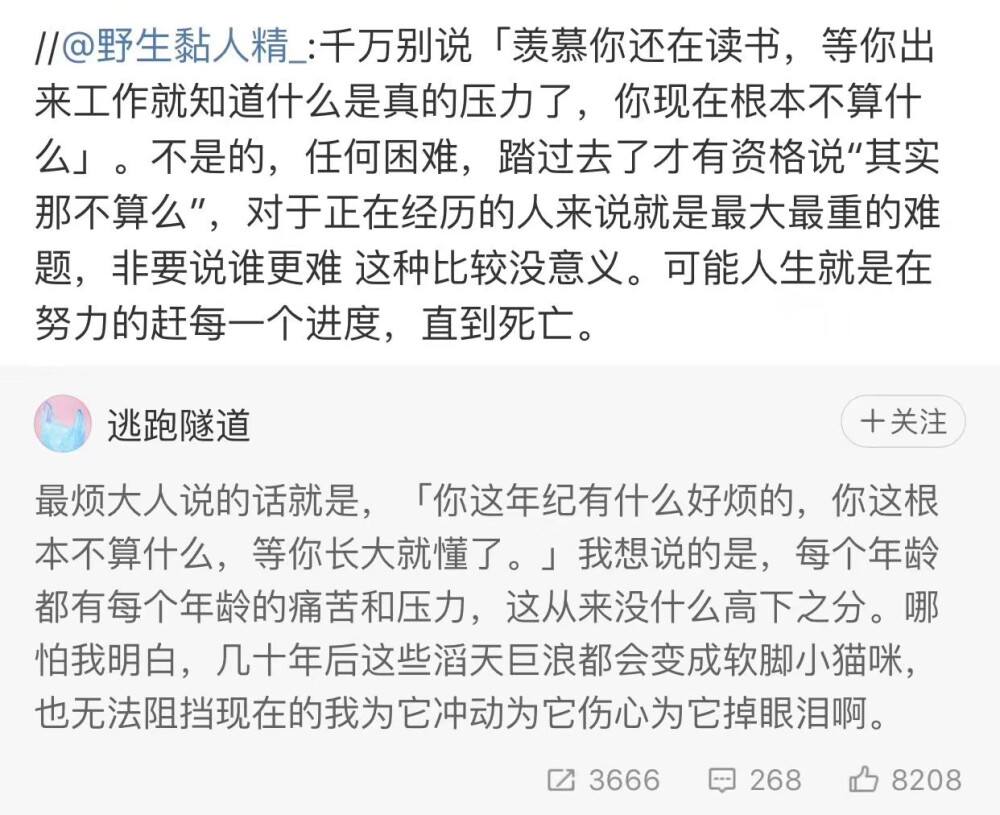 最烦大人说的话就是，「你这年纪有什么好烦的，你这根本不算什么，等你长大就懂了。」我想说的是，每个年龄都有每个年龄的痛苦和压力，这从来没什么高下之分。哪怕我明白，几十年后这些滔天巨浪都会变成软脚小猫咪，也无法阻挡现在的我为它冲动为它伤心为它掉眼泪啊。