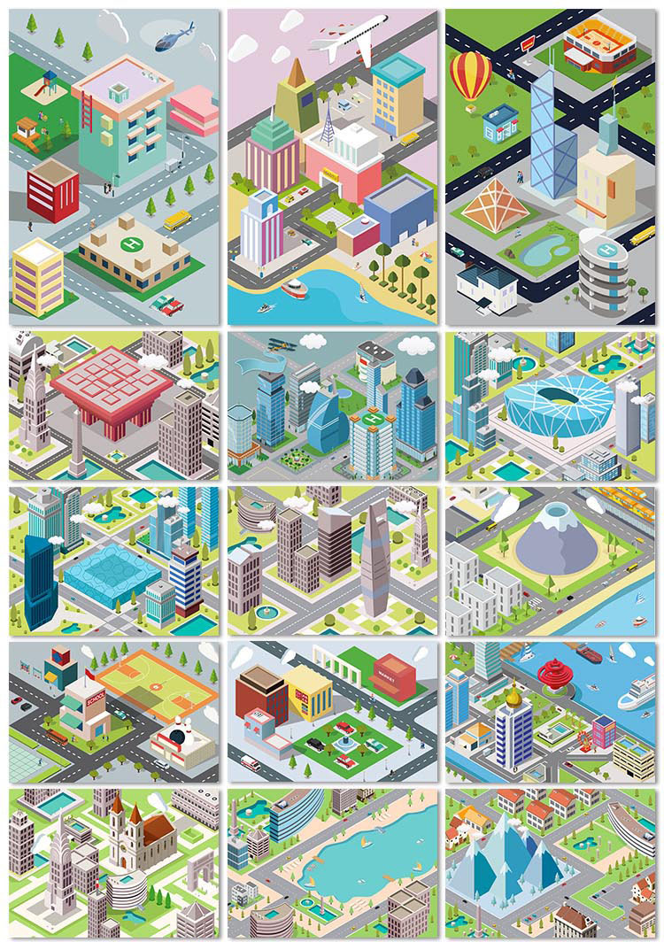 创意2.5d立体游戏场景建筑城市扁平化平面插画3d海报装矢量饰画