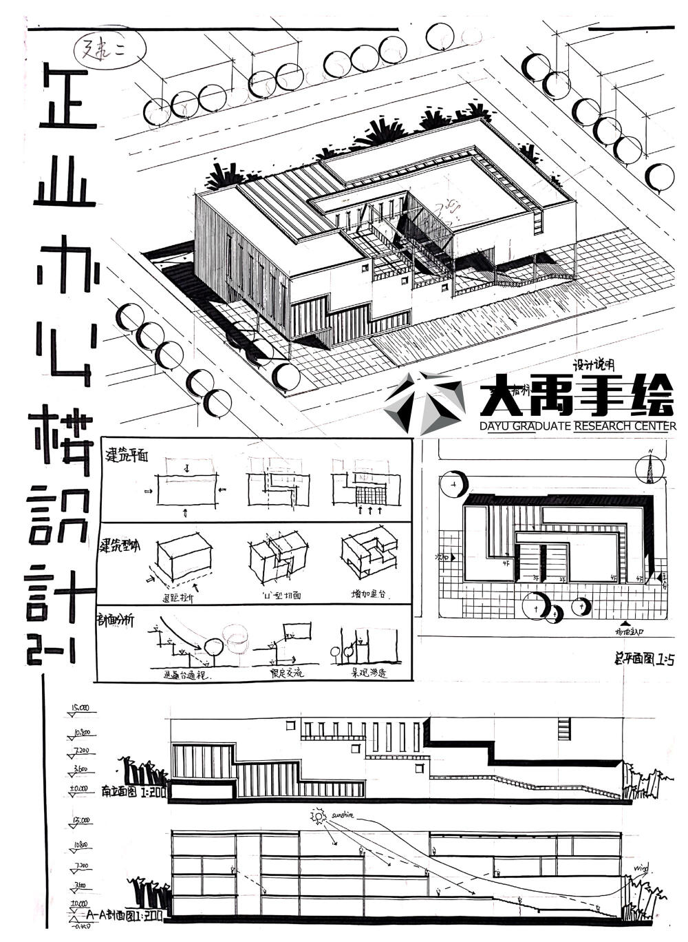 今日分享三：企业办公总部设计（第一弹）--大禹手绘建筑快题优秀作品欣赏