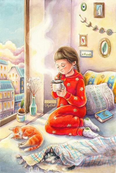 少女与猫咪 By 画师Olya Badulina
