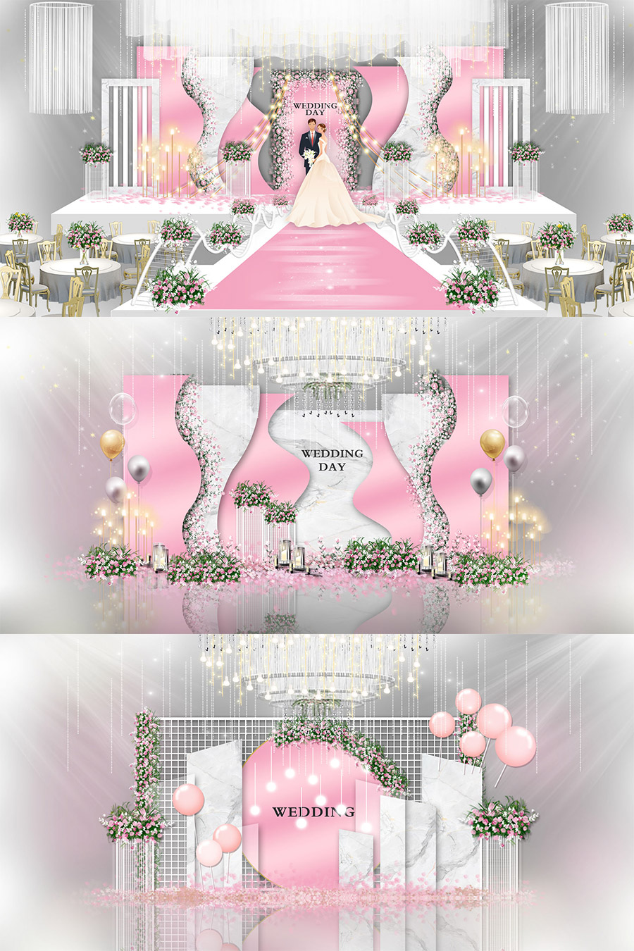 清新粉色大理石婚礼舞台签到迎宾区效果图psd模板设计素材