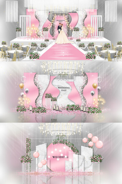 清新粉色大理石婚礼舞台签到迎宾区效果图psd模板设计素材