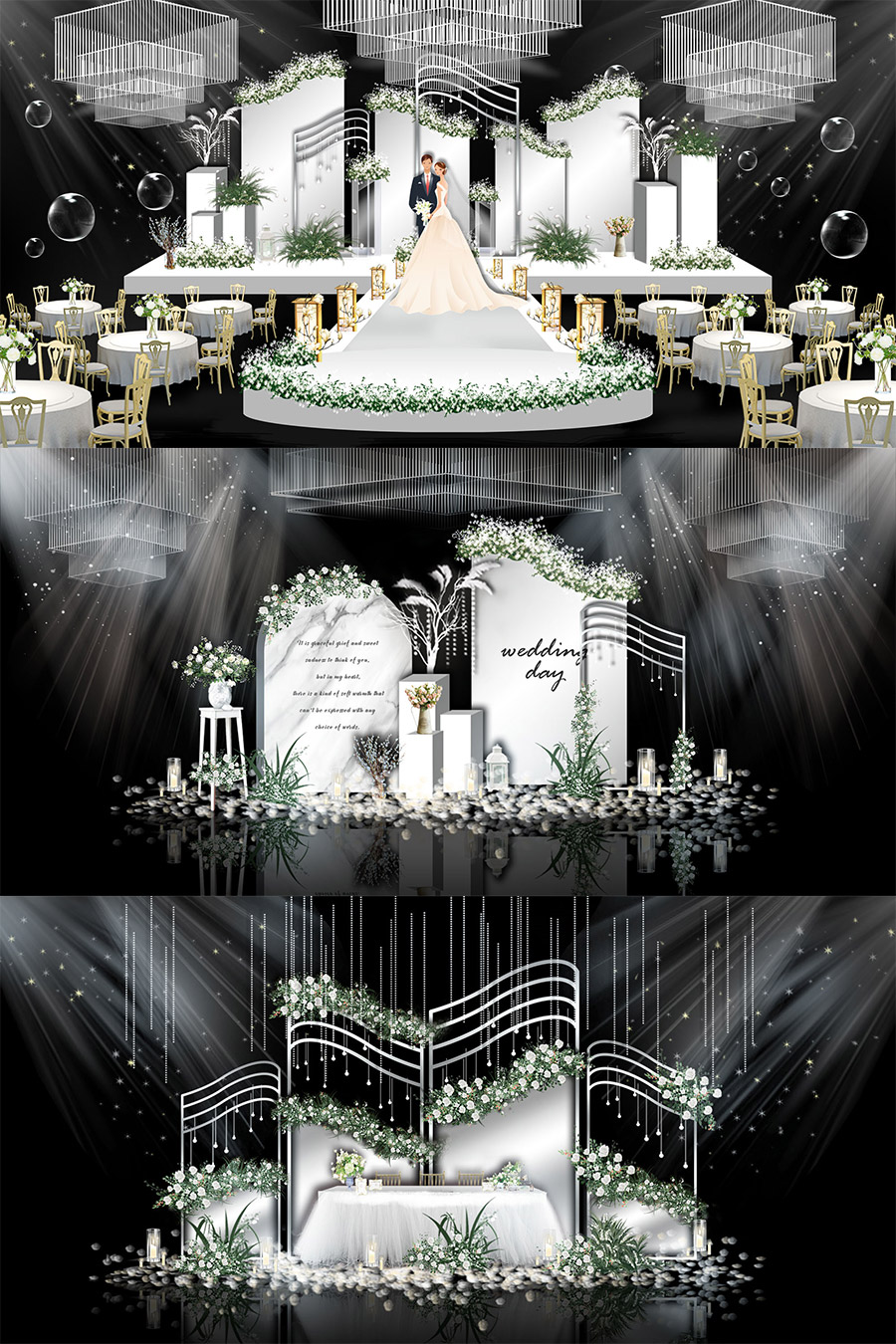 清新白色大理石婚礼舞台签到迎宾区效果图psd模板设计素材
