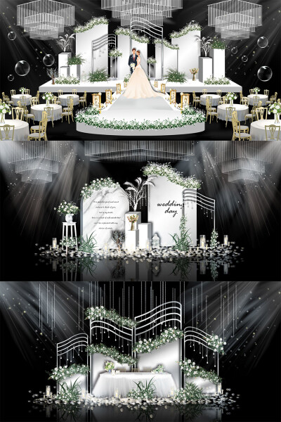 清新白色大理石婚礼舞台签到迎宾区效果图psd模板设计素材